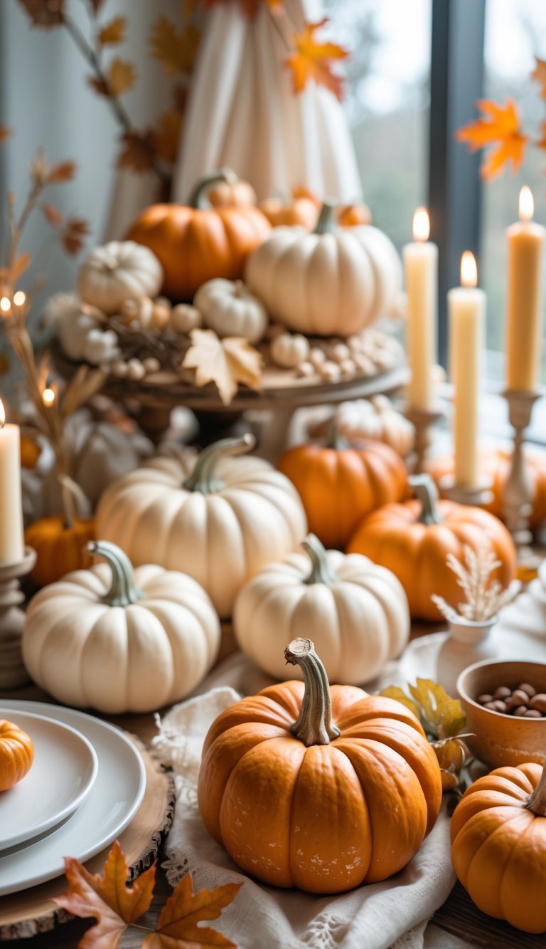 A table decorated with 21 small pumpkins in burnt orange and cream colors, surrounded by autumn leaves and candles for a baby shower.
